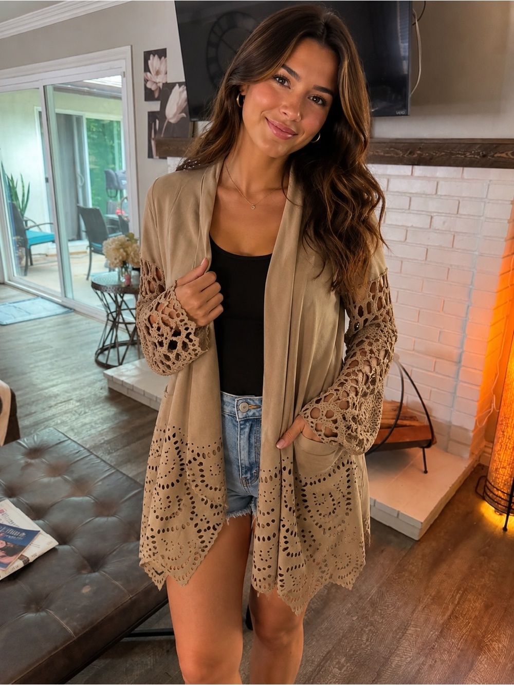 SKY Women’s Small Beige Boho Crochet Lace Open Front Cardigan Jacket